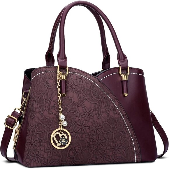 Handbags - Women’s Wine Triple Compartment Satchel Fashion Top Handle Shoulder Bag